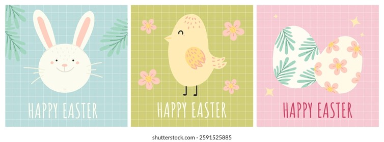 Cute Easter Bunny, Chick, and Eggs Illustration