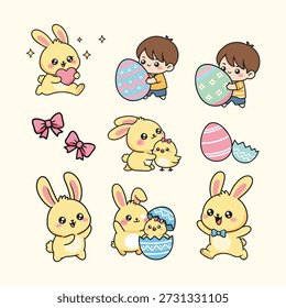 Coelhinho de Páscoa bonito e conjunto de ilustração de pintinho com ovos Kawaii Vetor