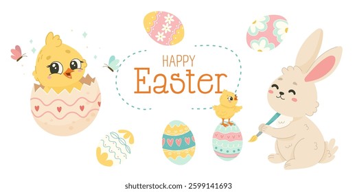 Cute Easter Bunny and Chick with Painted Eggs