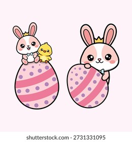 Bonito coelho de Páscoa e pinto sentado no ovo Kawaii Vetor Ilustração