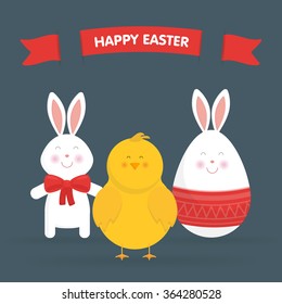 Cute Easter bunny, chicken and egg isolated vector illustration. For Easter cards, banners, congratulations.