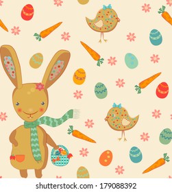 Cute easter bunny, chicken, easter eggs and carrots. Single tile of a seamless vector pattern, texture or background. Cartoon illustration