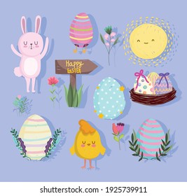linda pascua, conejito de huevos de flores de pollo dibujos animados conjunto de ilustraciones vectoriales