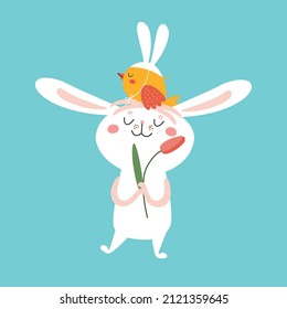 Cute Easter bunny and chicken. Funny yellow chick sitting on rabbits head. White hare with tulip and his friend little bird. Happy cartoon animals, hand drawn vector illustration, flat design   