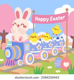 Cute Easter Bunny and Chicks Riding a Festive Train. Adorable Easter Train with Bunny and Hatching Chicks.