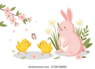 Coelhinho de Páscoa bonito e pintinhos com flores da primavera e uma ilustração borboleta
