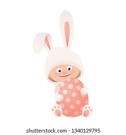 Cute easter bunny child with egg isolated on white, vector illustration 