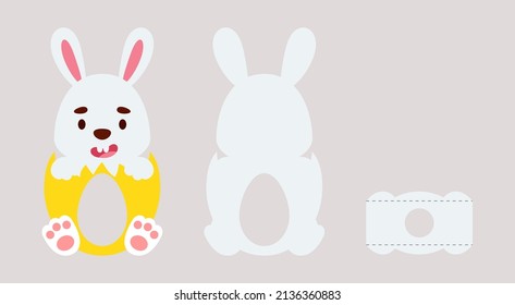Cute easter bunny chocolate egg holder. Retail paper box for the easter egg. Printable color scheme. Print, cut out, glue. Vector stock illustration