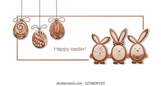 Cute easter bunny. Chocolate rabbits, eggs. Happy easter. Design postcard. poster with bunnies.
