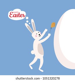 Cute easter bunny cleansing egg, vector cartoon style, illustration, isolated
