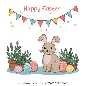 Cute Easter Bunny Clipart with Colorful Eggs and Plants – Hand-Drawn Spring Vector Illustration for Cards and Crafts