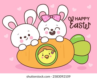 Cute easter bunny clipart couple in love with giant carrot. Kawaii animals rabbit egg hunting (whimsical characters). Pet farm Spring activities holiday. Make a wish for baby t shirt fairy tale book.