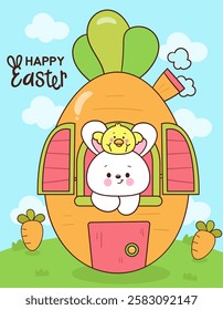 Cute easter bunny clipart in easter egg house giant carrot theme. Kawaii animals rabbit egg hunting (whimsical characters). Pet farm Spring activities holiday. Make a wish for baby t shirt fairy tale.