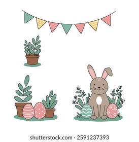Cute Easter Bunny Clipart: Hand-Drawn Spring Illustration with Colorful Eggs, Plants, and Festive Decor