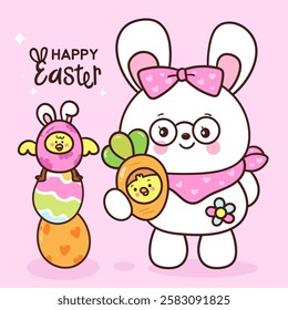 Cute easter bunny clipart holding chick in carrot. Kawaii animals rabbit Easter egg hunting (whimsical characters). Pet farm Spring activities holiday. Make a wish for baby t shirt fairy tale book.