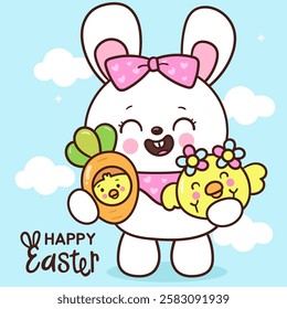 Cute easter bunny clipart holding chicks and carrot. Kawaii animals rabbit egg hunting (whimsical characters). Pet farm Spring activities holiday. Make a wish for baby t shirt fairy tale book.