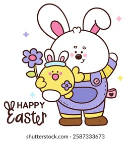 Cute easter bunny clipart holding chick flower farm boy. Kawaii animals rabbit egg hunting (whimsical characters). Pet farm Spring activities holiday. Make a wish for baby t shirt fairy tale book.