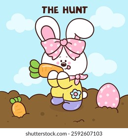 Cute easter bunny clipart holding carrot in farm. Kawaii animals rabbit egg hunting (whimsical characters). Pet farm Spring activities holiday. Make a wish for baby t shirt fairy tale book.