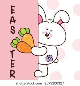 Cute easter bunny clipart holding love carrot. Kawaii animals rabbit egg hunting (whimsical characters). Pet farm Spring activities holiday. Make a wish for baby t shirt fairy tale book, celebration.