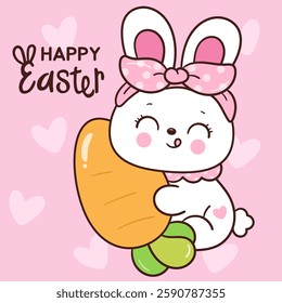 Cute easter bunny clipart hug giant carrot girly doodle. Kawaii animals rabbit egg hunting (whimsical characters). Pet farm Spring activities holiday. Make a wish for baby t shirt fairy tale book.