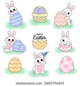 Cute Easter Bunny Clipart Pastel Spring Rabbit and Egg Elements Set