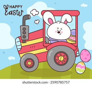 Cute easter bunny clipart in tractor farm boy. Kawaii animals rabbit egg hunting (whimsical characters). Pet farm Spring activities holiday. Make a wish for baby t shirt fairy tale book, celebration.