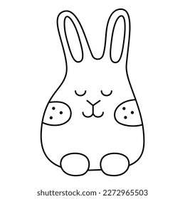 Cute Easter bunny with closed eyes. Doodle black and white vector illustration.