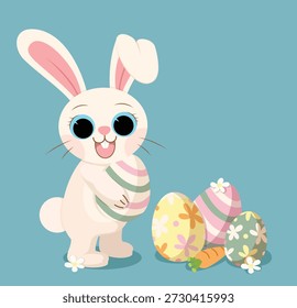 Cute Easter Bunny Collecting Colorful Patterned Eggs, Flat Vector Illustration of Happy Rabbit Character with Carrot and Daisies on Teal Background