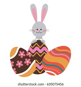 cute easter bunny with colored eggs decorative