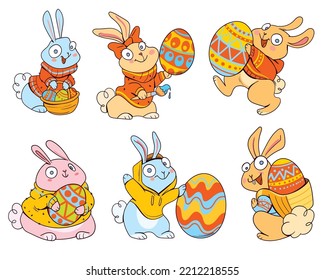 Hermoso conejo de Pascua. Personajes de dibujos animados coloridos. Graciosa ilustración vectorial. Estilo cómic. Aislado sobre fondo blanco. Conjunto de niños