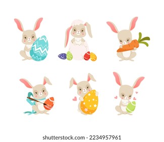 Cute Easter Bunny with Colorful Decorated Eggs with Brush and Carrot Vector Set