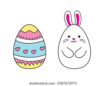 Cute Easter Bunny and Colorful Decorated Egg – Adorable Hand-Drawn Cartoon Illustration for Easter Celebrations. Featuring a Smiling Bunny with Pink Ears and a Pastel-Colored Easter Egg 