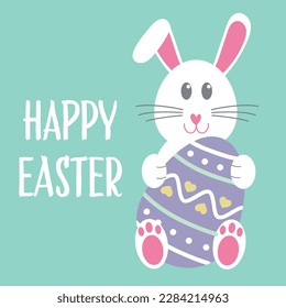 Hermoso Conejo De Pascua Con Huevo Colorido. Feliz Ilustración de Pascua. La mano de la caricatura dibuja un conejo. Tarjeta de felicitación de Pascua