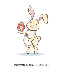 Cute Easter Bunny with colorful egg and brush for baby shower or easter card. Cartoon Rabbit isolated on white. Vector illustration