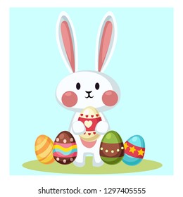 Cute Easter bunny with colorful Easter eggs. Happy Easter vector illustration. 