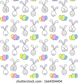 Cute Easter Bunny and colorful Easter eggs on a white background. Vector seamless pattern for holiday wrapping paper, printing on packaging, fabric and textile. Decorative elements for Easter design