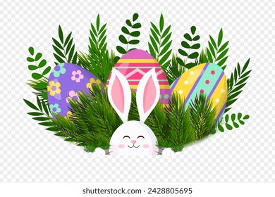 Niedlicher Osterhase mit bunten Ostereiern und -blättern