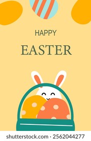 Cute easter bunny with colorful eggs in basket on pastel background. Easter abstract modern geometry card.