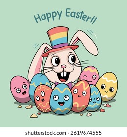 Conejo de Pascua lindo y huevos coloridos: alegre ilustración de Pascua feliz