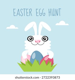 Conejito de Pascua lindo con huevos coloridos en la hierba. Ilustración vectorial plana para la caza del huevo de Pascua, diseño de los niños, tarjeta de felicitación y temas de vacaciones de primavera.	