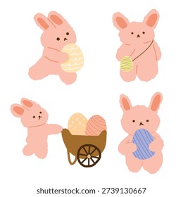 Cute Easter Bunny with Colorful Eggs Set Cartoon Vector Illustration Isolated on White Background