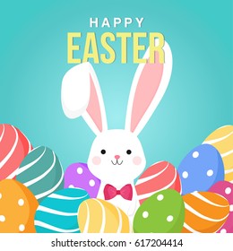 Cute Easter Bunny with Colorful Easter eggs, Easter card, Happy Easter vector illustration