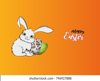 Cute Easter Bunny. Colorful Happy Easter greeting card with rabbit, bunny, eggs and banners