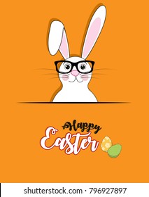 Cute Easter Bunny. Colorful Happy Easter greeting card with rabbit, bunny, eggs and banners