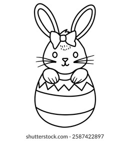 Cute Easter bunny coloring page! A sweet bunny with a bow peeking from a decorated Easter egg. Perfect for kids and holiday fun. Printable, high-quality digital download. Great for Easter activities!