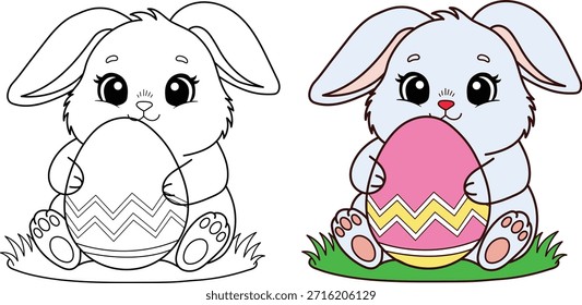 Comparação de página de coloração de coelho de páscoa bonito mostrando contorno e exemplo colorido para crianças