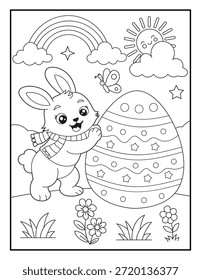 Coelhinho de Páscoa bonito para crianças, animal de desenho animado feliz com ovo decorado e Rainbow Line Art. Perfeito para páginas de coloração de crianças e atividades de férias.