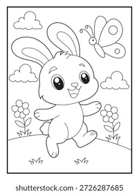 Lindo Conejo de Pascua para colorear para los niños. Conejo feliz de la historieta en prado de primavera con mariposa y flores. Arte de línea blanco y negro para la actividad de los niños