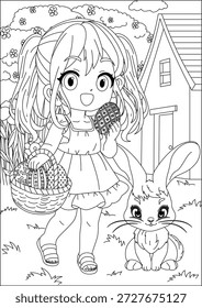 Lindo conejo de Pascua para colorear página de huevo de caza Chibi Girl Vector