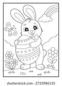 Cute Easter Bunny Coloring Page for Children. Friendly Rabbit Holding Decorated Egg Vector Illustration for Kids